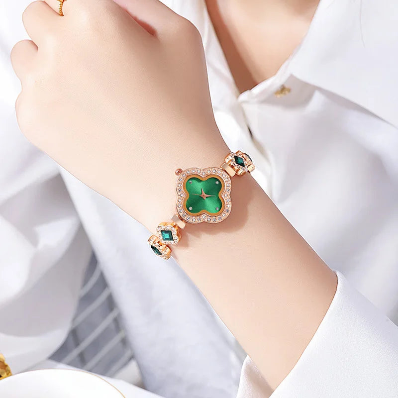 Luxury Clover Bracelet Watch with Quartz and Diamond Inlay
