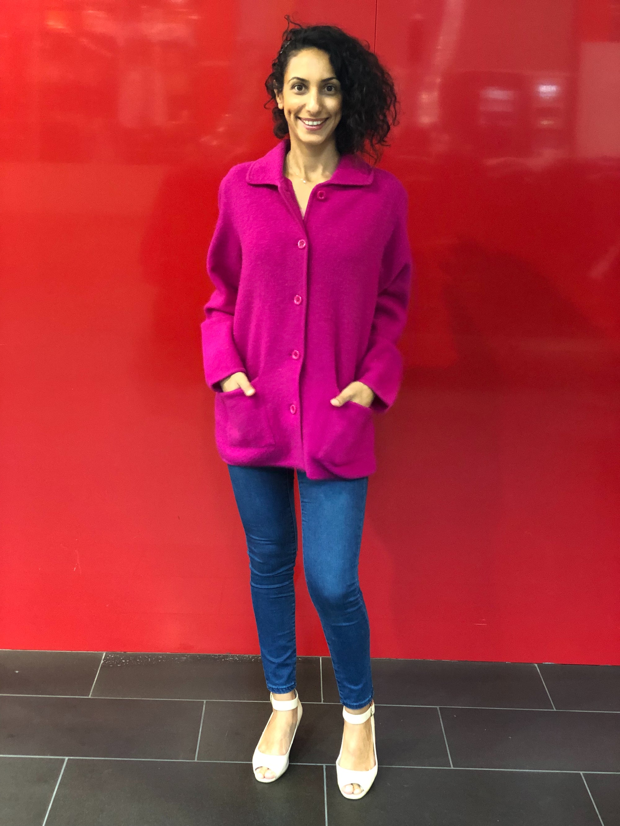 purple Boiled Pure Wool Jacket with Tall Collar and Zip Closure