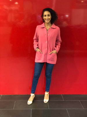 pink Boiled Pure Wool Jacket with Tall Collar and Zip Closure