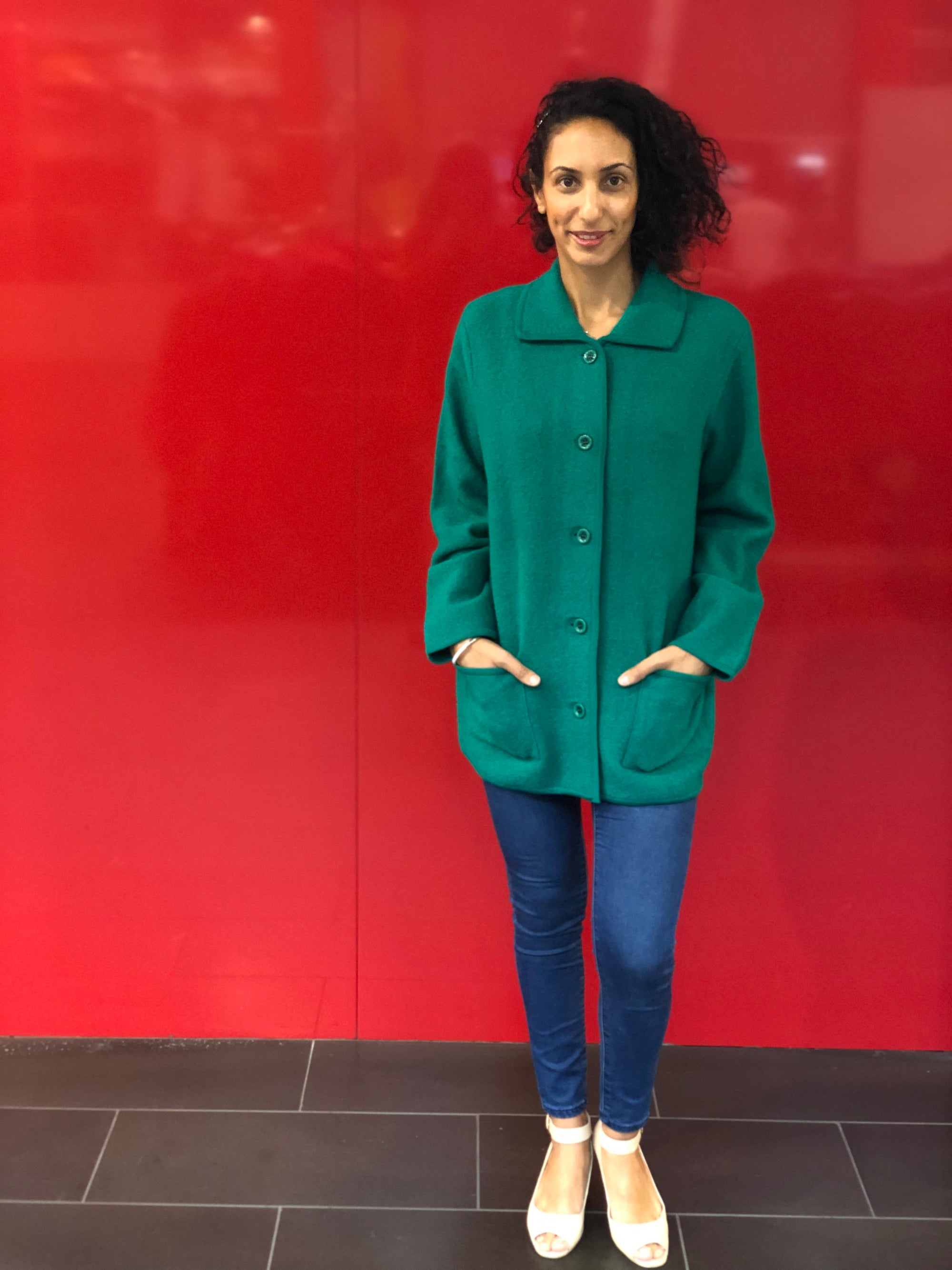 green Boiled Pure Wool Jacket with Tall Collar and Zip Closure