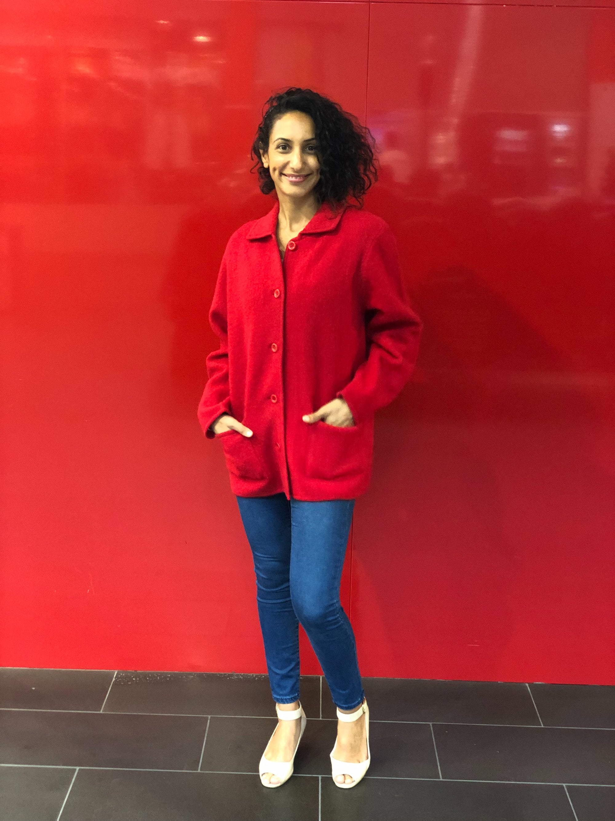 red Boiled Pure Wool Jacket with Tall Collar and Zip Closure