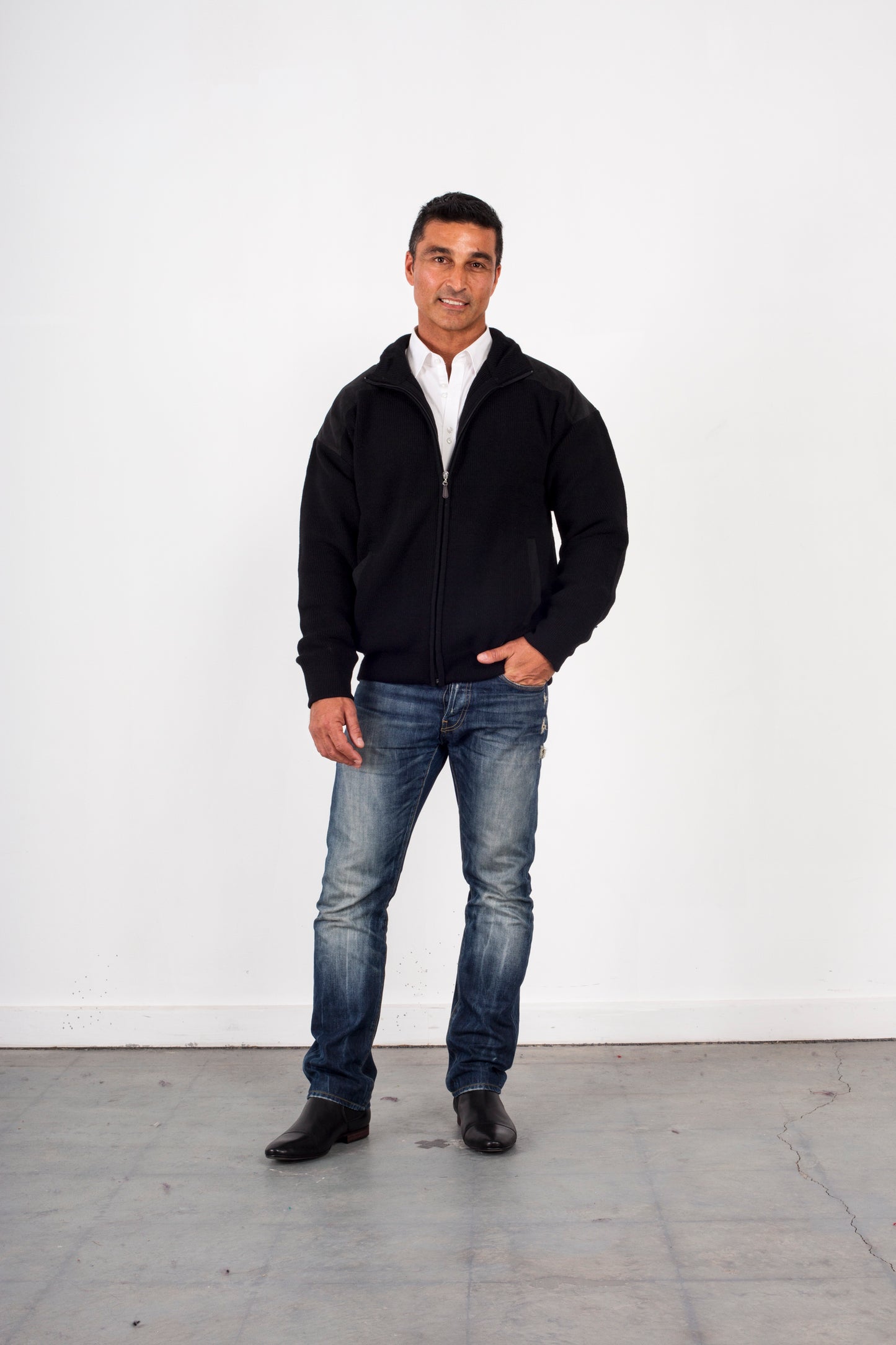 ANSETT Pure Wool Full Zip Jacket With Suede Patches & Pockets
