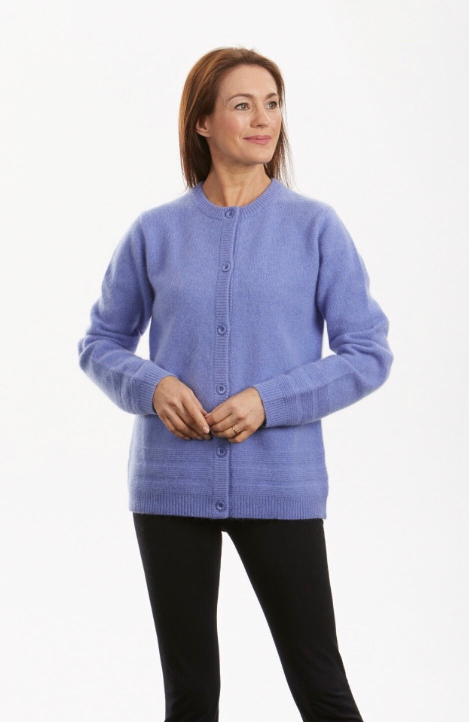 SELF-PURL STRIPE BUTTON TO NECK CARDIGAN