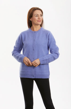 SELF-PURL STRIPE BUTTON TO NECK CARDIGAN