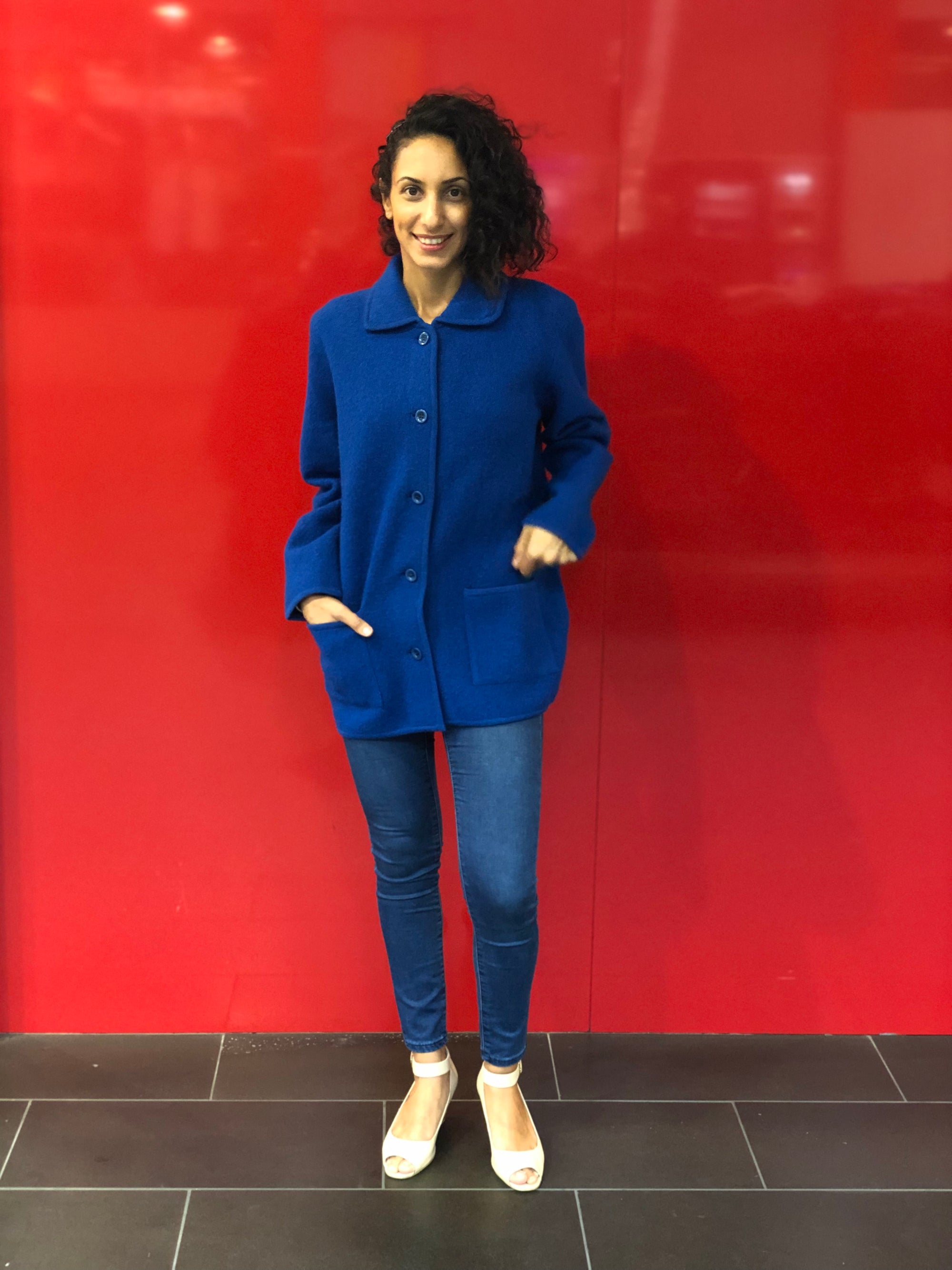 blue Boiled Pure Wool Jacket with Tall Collar and Zip Closure