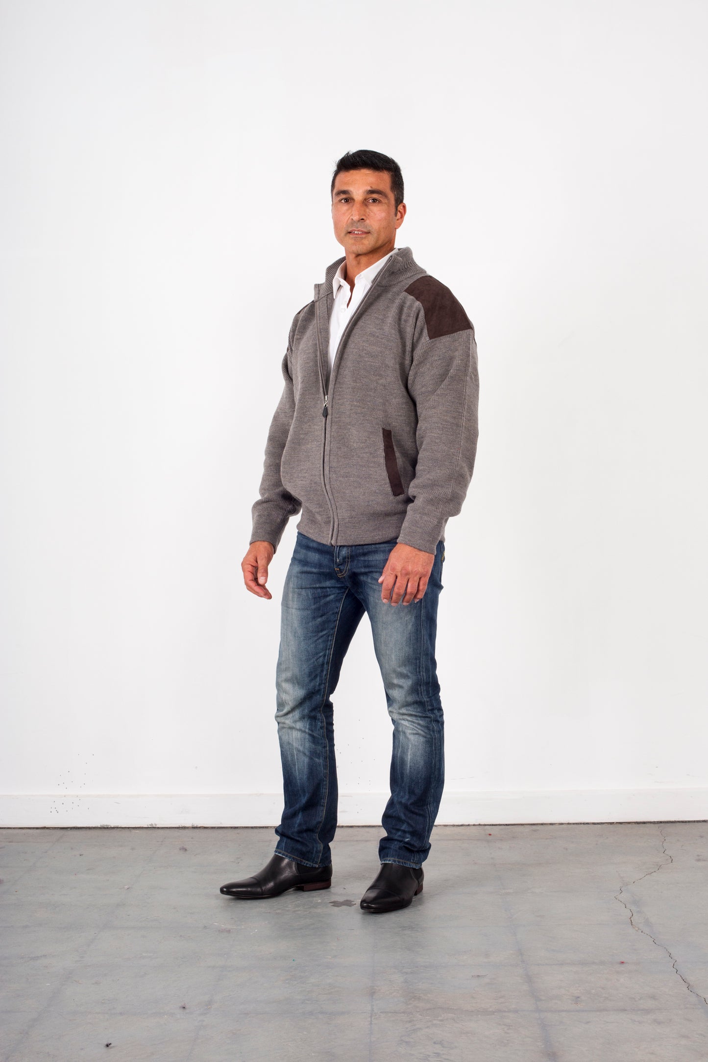 ANSETT Pure Wool Full Zip Jacket With Suede Patches & Pockets