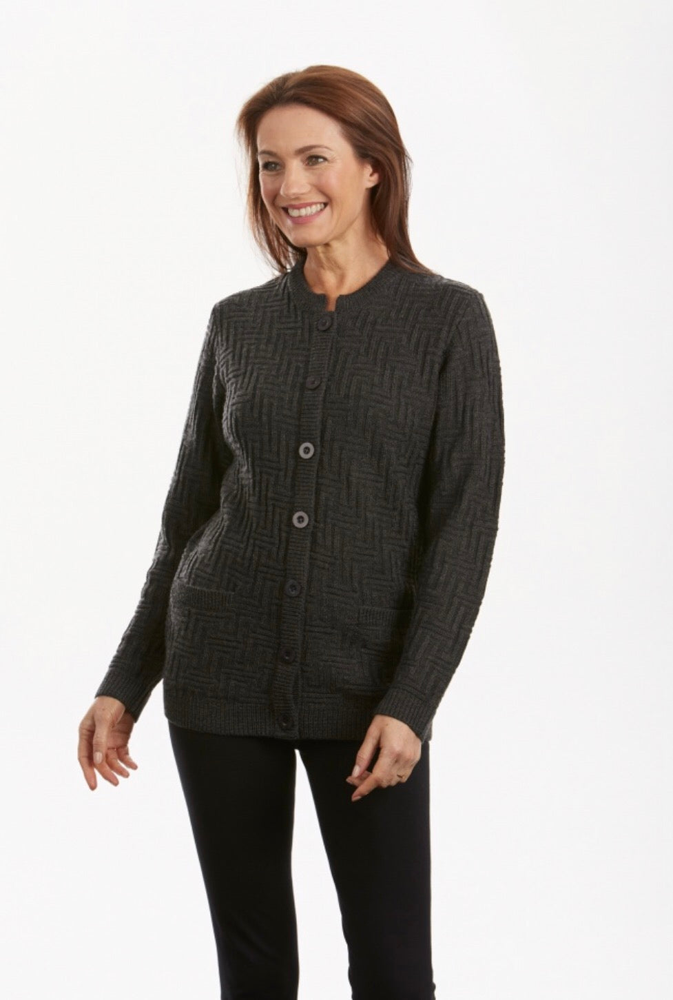 ABSTRACT PATTERN BUTTON TO NECK CARDIGAN