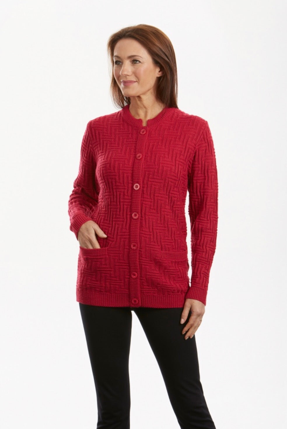 ABSTRACT PATTERN BUTTON TO NECK CARDIGAN