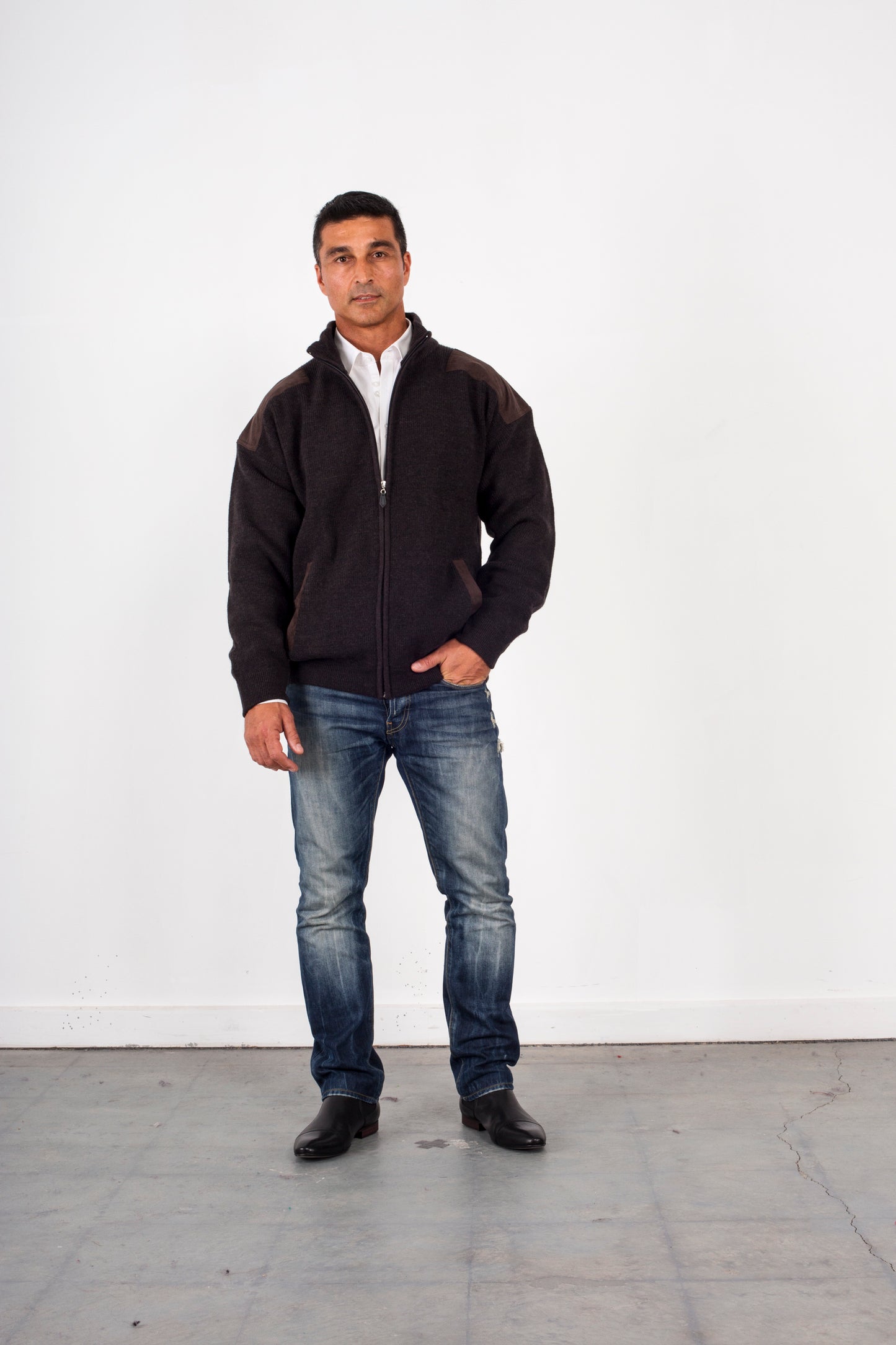 ANSETT Pure Wool Full Zip Jacket With Suede Patches & Pockets