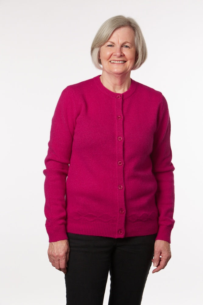 SELF-PURL STRIPE BUTTON TO NECK CARDIGAN