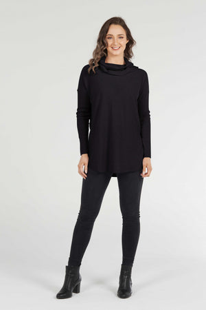ESSENTIAL CURVED HEM COWL NECK PULLOVER