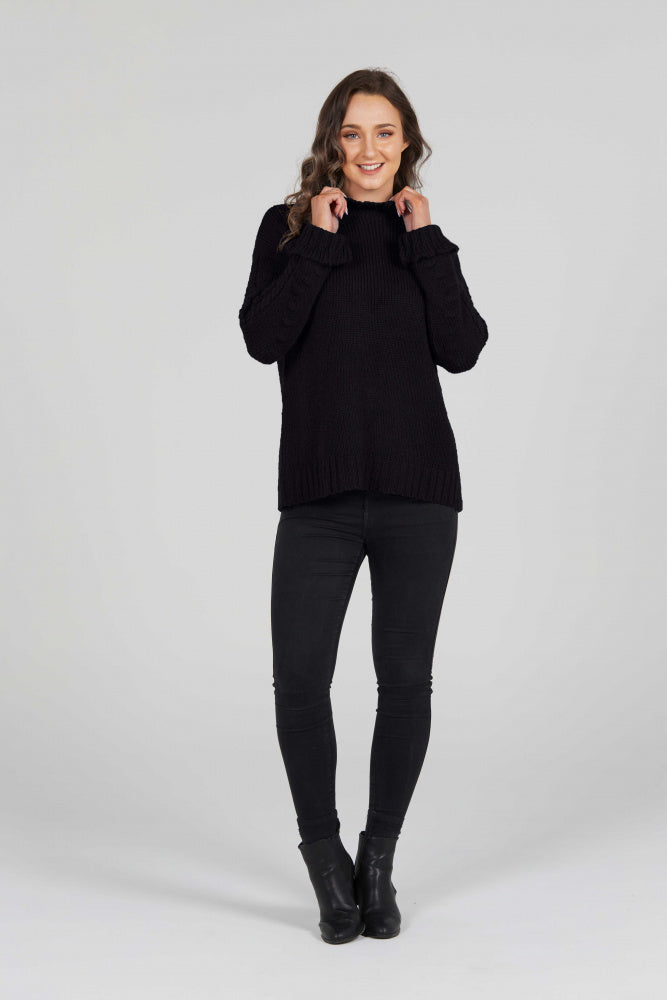FRILLED CREW NECK WITH CABLED SLEEVES