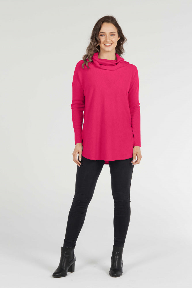 ESSENTIAL CURVED HEM COWL NECK PULLOVER