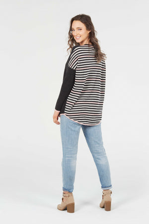 STRIPED BACK CURVED HEM VEE PULLOVER (ONLY S IN DENIM)
