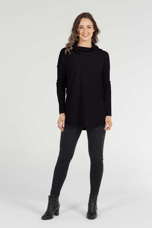 ESSENTIAL CURVED HEM COWL NECK PULLOVER