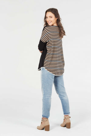 STRIPED BACK CURVED HEM VEE PULLOVER (ONLY S IN DENIM)