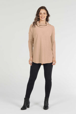 ESSENTIAL CURVED HEM COWL NECK PULLOVER
