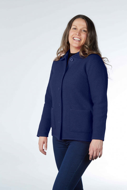 navy Boiled Pure Wool Jacket with Tall Collar and Zip Closure