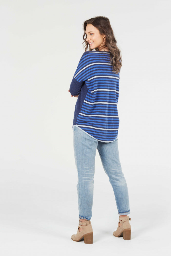 STRIPED BACK CURVED HEM VEE PULLOVER (ONLY S IN DENIM)