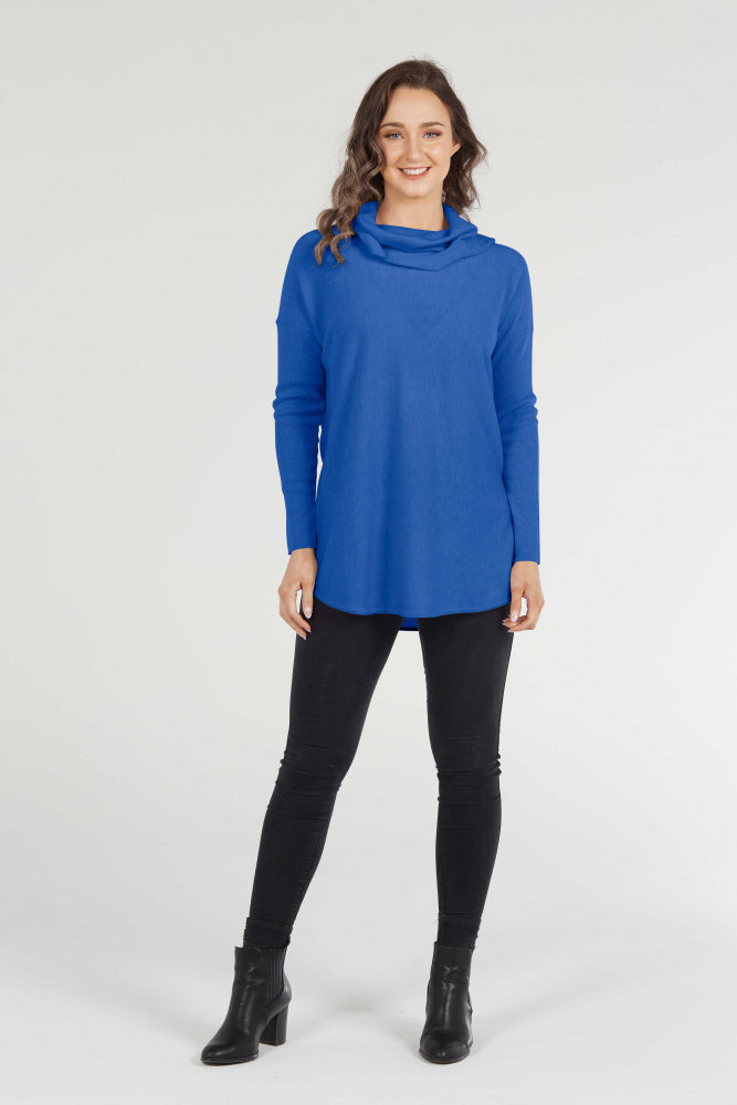 ESSENTIAL CURVED HEM COWL NECK PULLOVER
