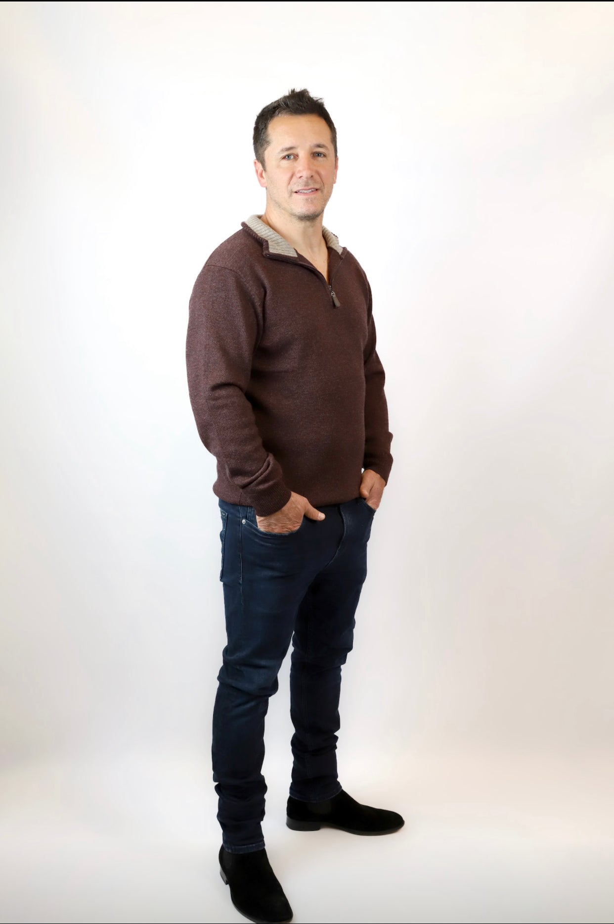 ANSETT Gold Cashmere merino Slim Fitted High Neck Half Zip