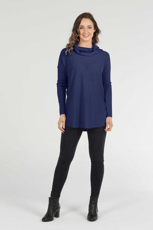 ESSENTIAL CURVED HEM COWL NECK PULLOVER